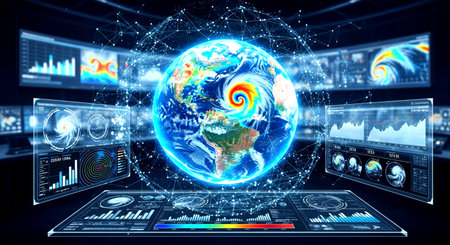 Blue planet hologram and digital screens on dark background 3D renderingの素材