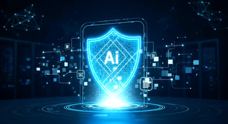 Cyber security concept with shield hologram over server room background 3D renderingの素材