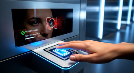 Close up of female hand pressing virtual button on laptop screen 3D renderingの素材