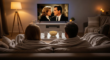 Young couple watching TV at home. Man and woman sitting on sofa and eating popcorn.の素材
