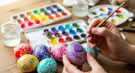 cropped shot of woman painting easter eggs with brush on wooden tableの素材