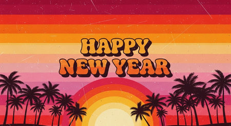 Happy New Year card with palms and sun on colorful background. Vector illustration.の素材