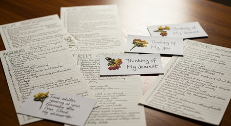 Cards with letters and inscriptions on a wooden table close upの素材
