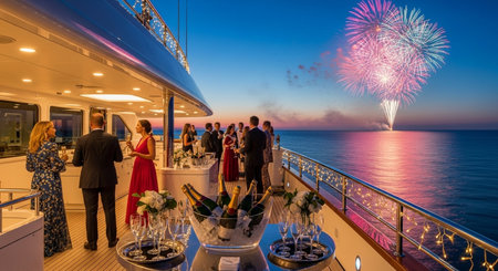 Wedding ceremony on a cruise ship with fireworks in the backgroundの素材
