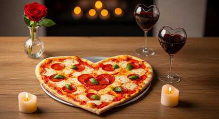 Two glasses of red wine and heart shaped pizza on wooden table in front of fireplaceの素材