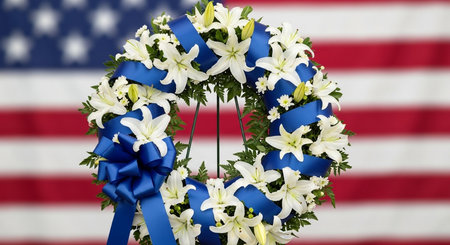Wreath of white lilies with blue ribbon on the background of the American flagの素材