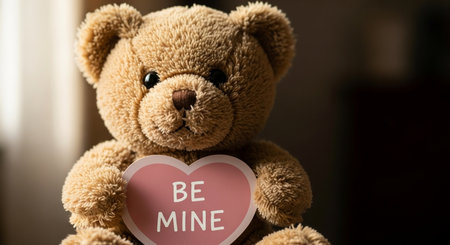Teddy bear with a heart and text Be Mine. Valentine's day concept.の素材
