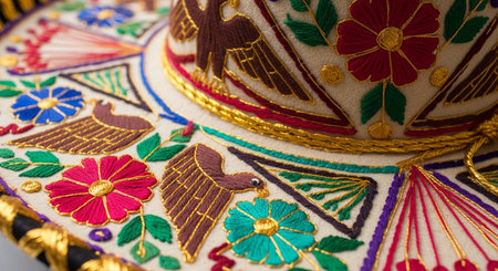 Mexican hat with colorful embroidery, close-up.の素材