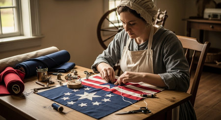 Woman making American flag souvenirs at table in craft workshop. Authentic lifestyle image.の素材
