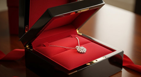 Jewelry in a red box on a wooden table, close-upの素材