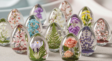 Easter eggs decorated with spring flowers and herbs on the table.の素材