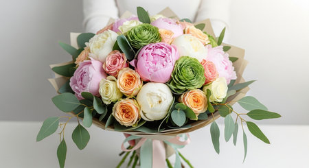 Beautiful bouquet of mixed flowers in woman hand. Floral shop concept.の素材