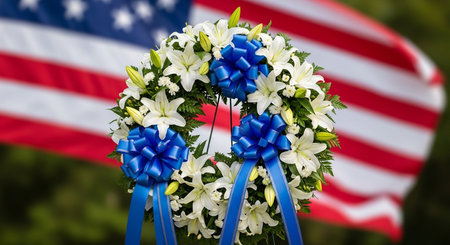 Wreath of white and blue lilies on the background of the American flagの素材