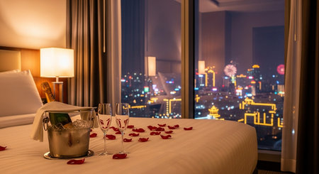 Romantic dinner in a hotel bedroom with a view of the cityの素材