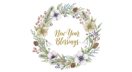 Watercolor Christmas wreath with flowers, branches, berries and leavesの素材