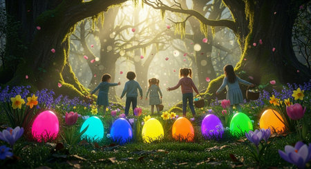 Easter card with kids and colorful eggs in the forest at sunsetの素材