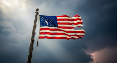 American flag waving in the wind on a background of stormy skyの素材