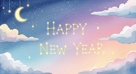 Happy New Year greeting card. Hand drawn watercolor illustration with stars and clouds.の素材