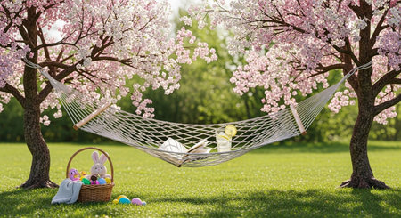 Basket with easter eggs and spring flowers in hammock on green grassの素材