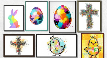 Set of easter greeting cards with colorful eggs and chicken. Vector illustration.の素材