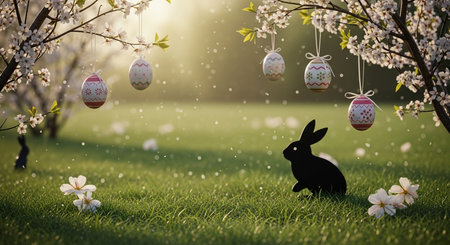 Easter egg hunt with rabbit and spring flowers. 3D Renderingの素材