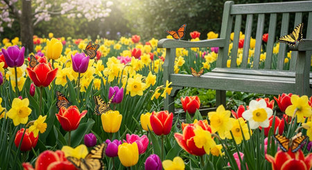Colorful tulip flowers blooming in the garden with wooden benchの素材