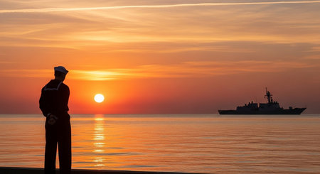Silhouette of a sailor with a ship in the background at sunsetの素材
