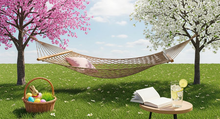 Hammock with basket of eggs and spring flowers on the green grass. 3d renderの素材