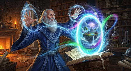 3D illustration of a wise man with magic book in his hands.の素材