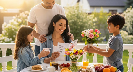 Happy family with flowers at table outdoors. Mother, father and children having breakfast togetherの素材
