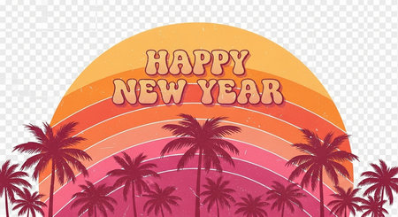 Happy new year card with palm trees and rainbow. Vector illustration.の素材