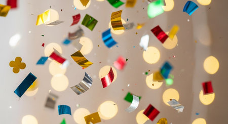 Colorful confetti and ribbons flying in the air at a partyの素材