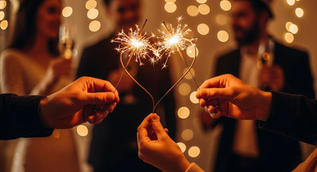 close up of people holding sparklers in hands on bokeh backgroundの素材