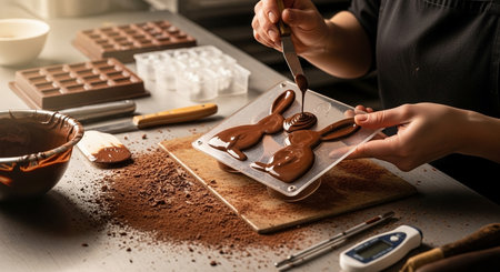 Woman making chocolate candies at table, closeup. Chocolate confectioneryの素材