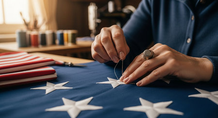 Close-up of a woman sewing with needle on the American flagの素材
