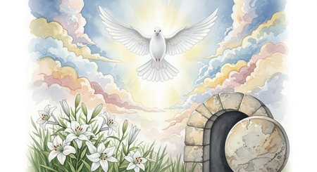 Watercolor illustration of a stone wall with a dove in the skyの素材