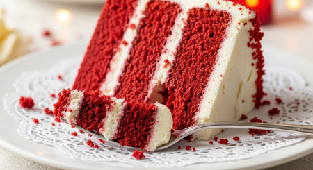 Red velvet cake on a white plate, close-up, horizontalの素材