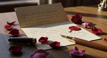Old letter with a fountain pen and rose petals on a wooden tableの素材