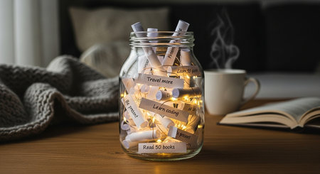 Cozy home concept with a glass jar full of Christmas letters on a wooden table.の素材