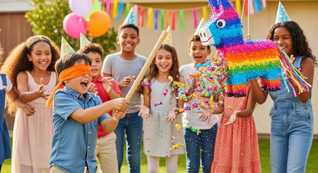 Group of multiethnic kids having fun at birthday party in parkの素材