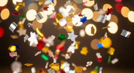 Colorful confetti on bokeh background. Christmas and New Year conceptの素材