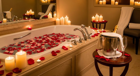 Romantic bathtub with candles and rose petals in spa salonの素材