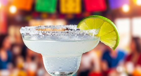 Close-up of margarita cocktail with lime on blurred backgroundの素材