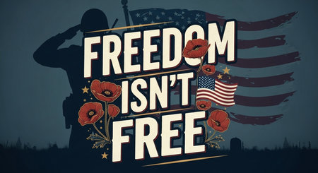 Freedom is in free. Poster with American flag and soldier silhouette.の素材