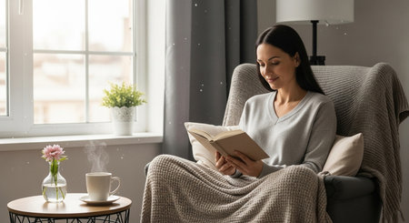 Beautiful young woman reading book in armchair near window at homeの素材