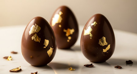 Chocolate Easter eggs with golden leaves on a white marble table.の素材