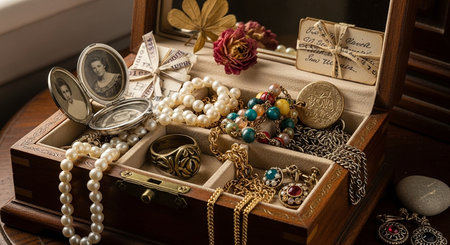Treasure chest full of jewelry, close-up. Vintage styleの素材