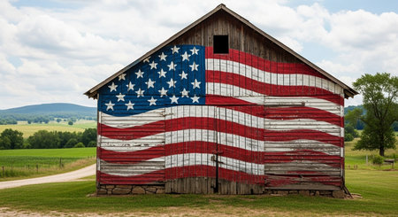 A painted American flag on a rustic barn in the countryside.の素材