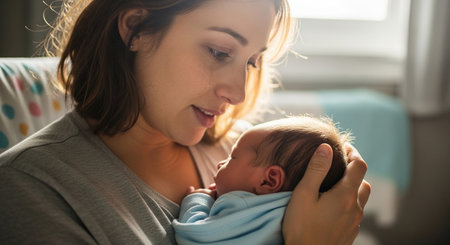 Young mother holding her newborn baby in her arms. Focus on the infantの素材