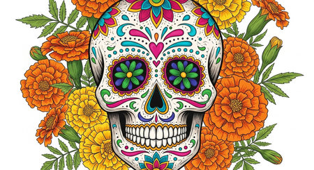 Day of the Dead sugar skull with flowers and leaves. Vector illustration.の素材